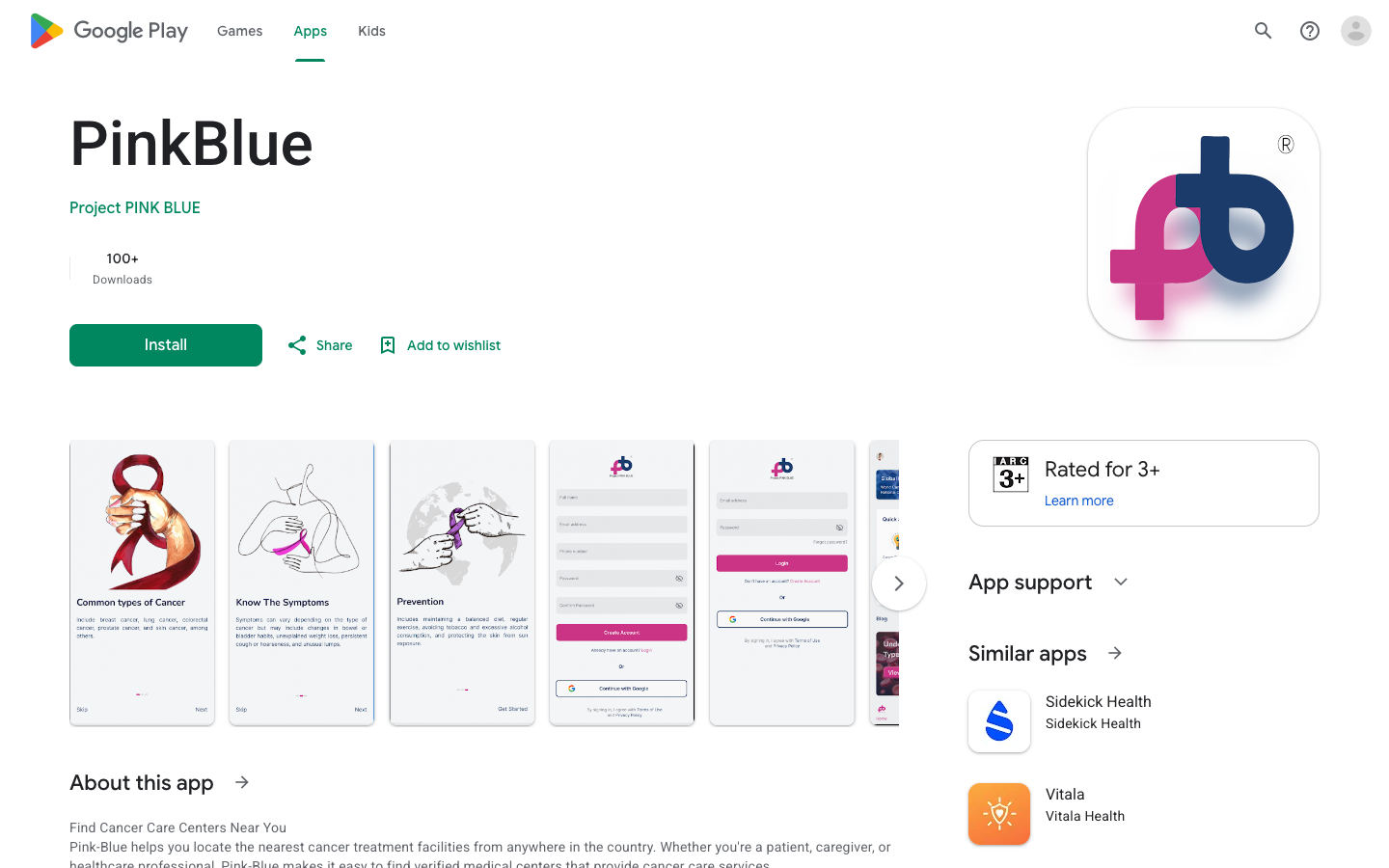 Pink Blue listing on Google Play with the app icon, an install button and onboarding screens about cancer symptoms and prevention