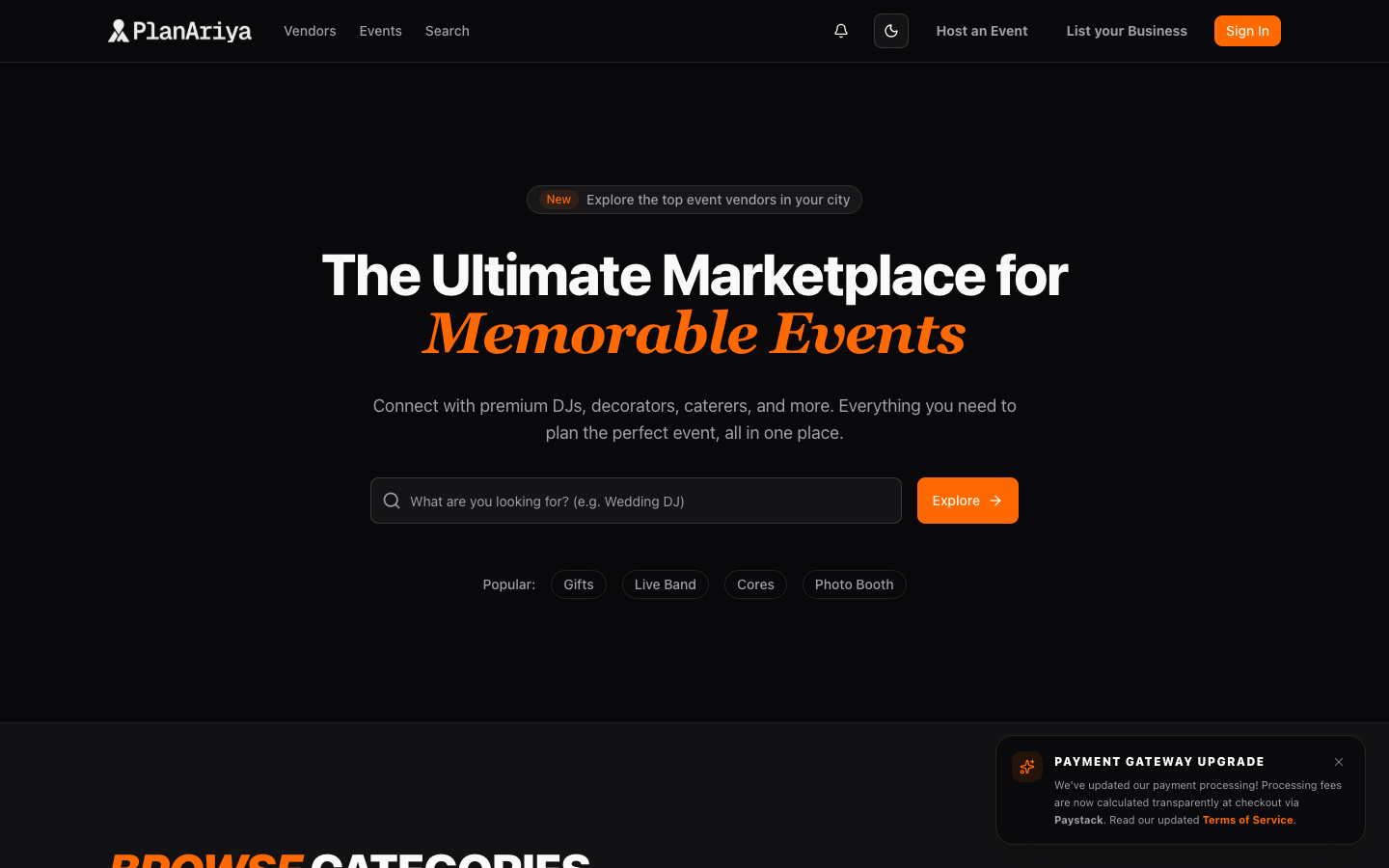 Planariya homepage on a dark theme with the headline 'The ultimate marketplace for memorable events', a vendor search bar and an orange Explore button